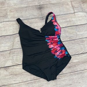 Miraclesuit One piece bathing suit with gathers on the side floral print